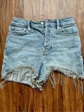 Good American Light Blue Denim Shorts with Crystal Fringe, Size 26